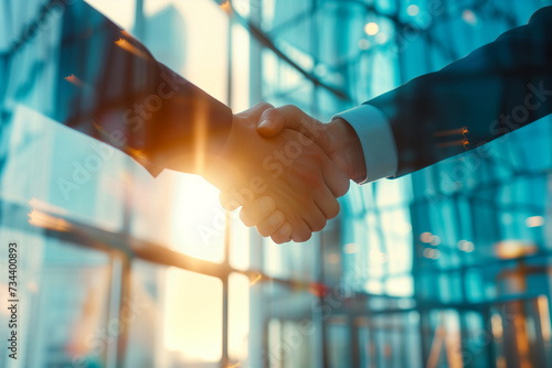 Businessman handshake on workplace background at sunrise. Partnership, successful deal, agreement, business contract concept. photo