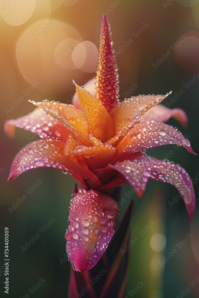 Fototapeta premium Exotic flower close-up with morning dew, soft focus for a dreamy garden effect