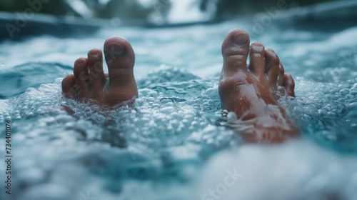 Feet with polished toenails enjoy the gentle caress of bubbles in a tranquil pool of water
