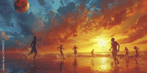 Fantasy fluorescent toned beach volleyball game, dynamic summer lifestyle illustration © Kanisorn