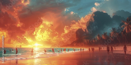 Summer lifestyle captured in fantasy fluorescent beach volleyball game  dynamic illustration