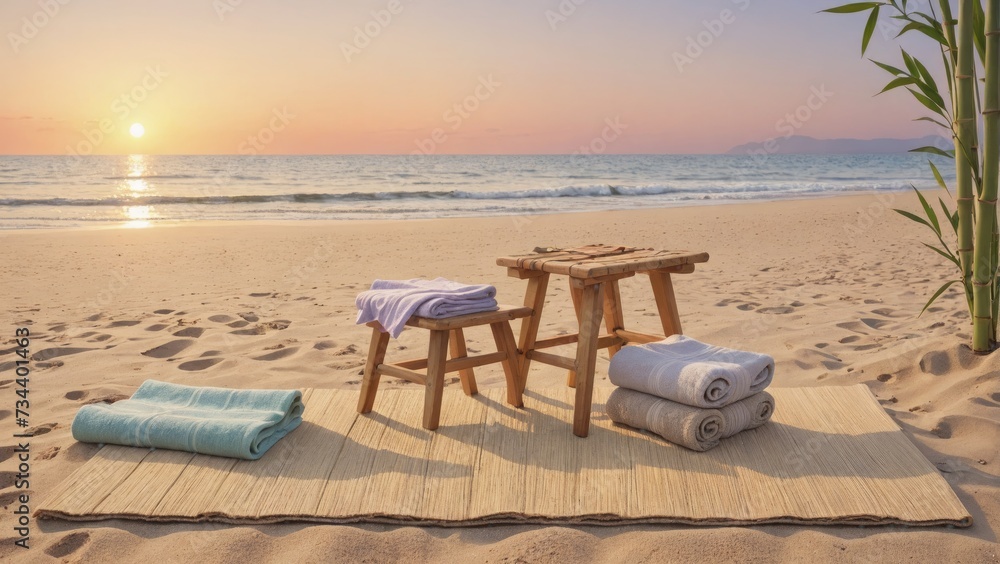 A bamboo mat on the sand, overlooking sunrise and the ocean, with a small wooden stool displaying rolled towels, Generative AI