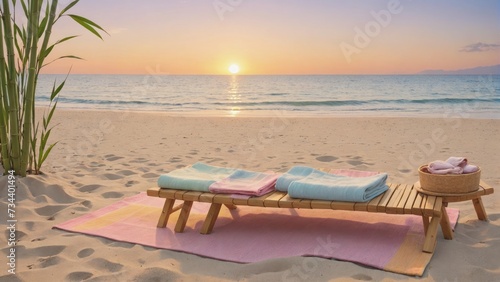 A bamboo mat on the sand, overlooking sunrise and the ocean, with a small wooden stool displaying rolled towels, Generative AI