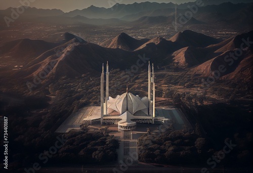Aerial view of Shah Faisal mosque is the masjid in Islamabad, Pakistan. Located on the foothills of Margalla Hills. The largest mosque design of Islamic architecture. Generative AI photo