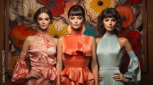 A collection of gorgeous models stands in front of a radiant coral background, their flawless features and fashionable attire harmonizing with the vibrant color, creating an eye-catching composition