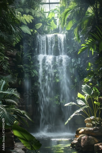 Bright tropical rainforest scene, lush waterfall as hidden oasis
