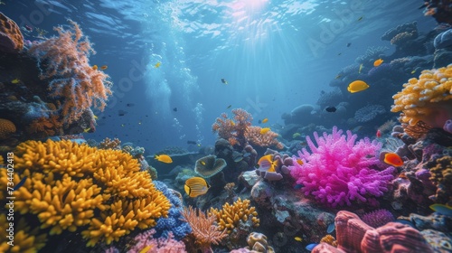 Snorkeling adventure, underwater vibrancy with coral reef, fluorescent fantasy