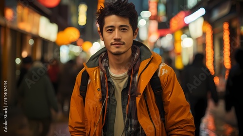 A close-up shot of a Japanese male model's hands casually tucked in his pockets as he walks through a vibrant city street, captured by a handheld HD camera, adding a touch of nonchalant 