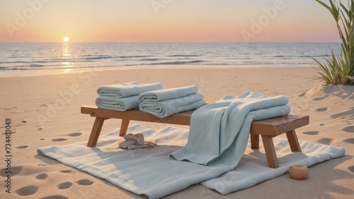 Serene Sunrise Beach Setup with Comfortable Towels and Mat  Generative AI
