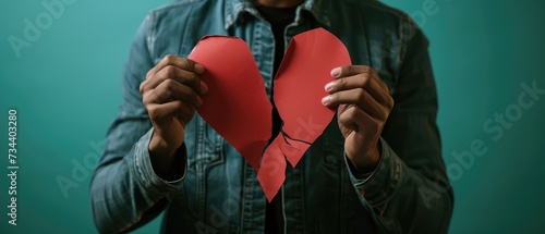 Man in Denim Jacket Holding Torn Red Paper Heart photo