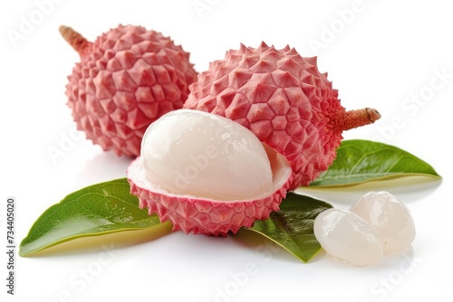 Fresh Lychee Fruits with Green Leaves Isolated