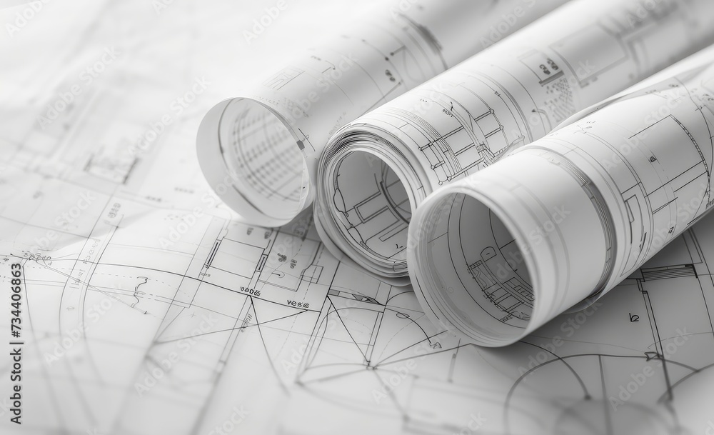 Architectural Blueprints and Rolled Plans on Desk Architectural Blueprints and Rolled Plans on Desk