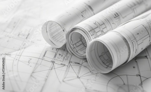Architectural Blueprints and Rolled Plans on Desk