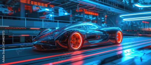 Futuristic Sports Car Speeding in Neon City © evening_tao