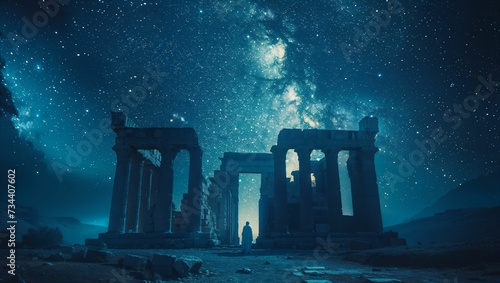 Ancient ruins under starry night sky blending, blending history with cosmos photo