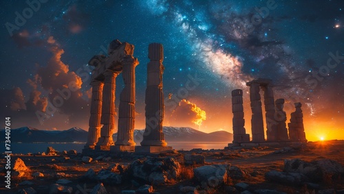 Ancient ruins under starry night sky blending, blending history with cosmos photo