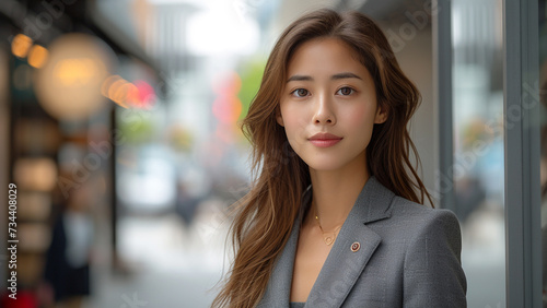 Asian Businesswoman Power Walking in Urban Chic Suit