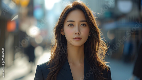 Asian Businesswoman Power Walking in Urban Chic Suit