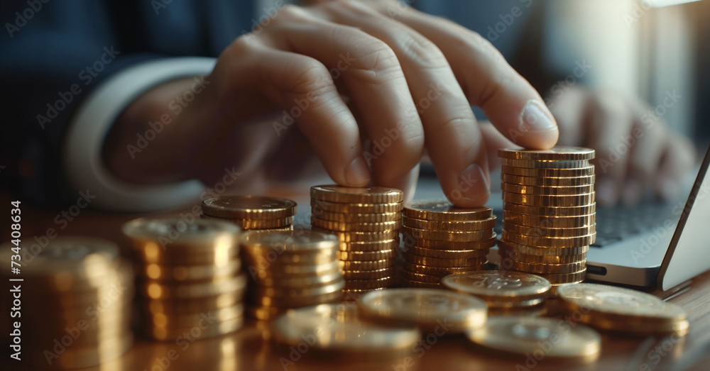 Close-up of a stacks of coins in the foreground and a businessman is using a laptop in the background Close-up of a stacks of coins in the foreground and a businessman is using a laptop in the background