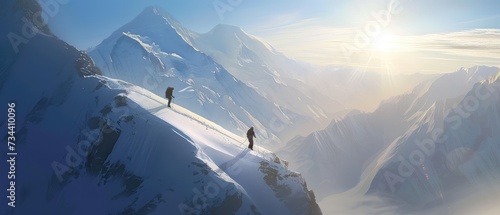 Climbers Ascending a Snow-Capped Mountain at Sunrise