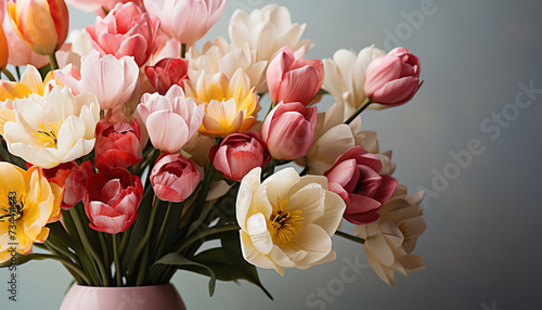 Vibrant tulip bouquet showcases nature elegance in a colorful arrangement generated by AI