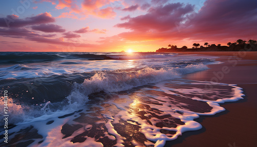 Sunset over tranquil water, nature beauty reflects in peaceful waves generated by AI