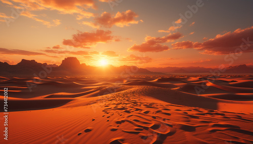 Majestic sand dunes ripple under the golden African sunset generated by AI