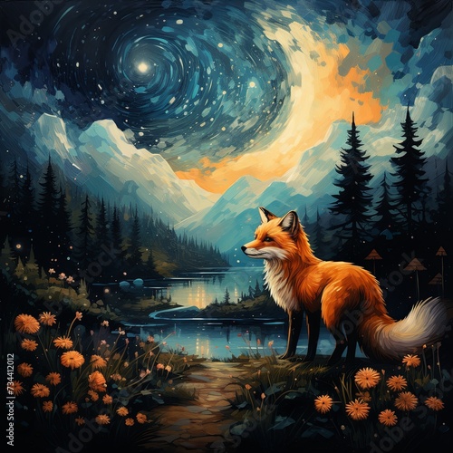 Magical landscape with fox and outer space. Mystical starry sky.