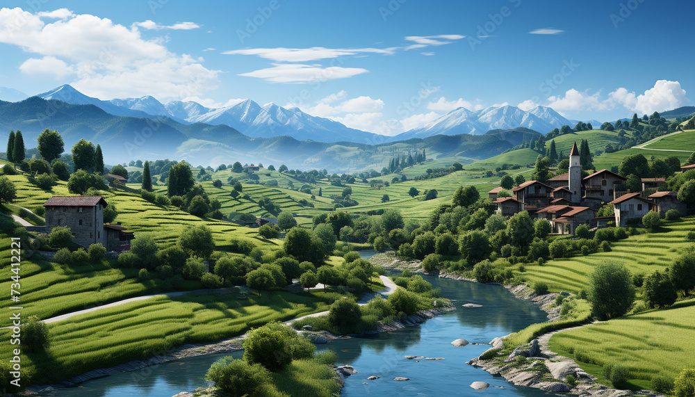 Tranquil meadow, green mountains, blue sky nature picturesque beauty generated by AI