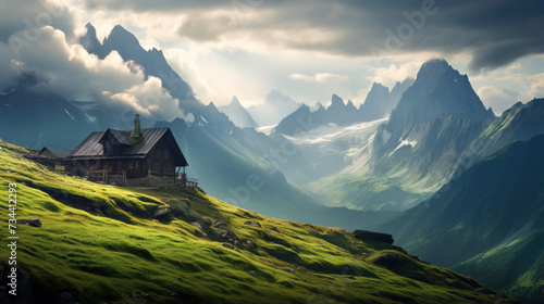 Beautiful grassy mountain landscape, mountain cabin, beautiful lighting, clouds, cloud shadows, mountain path © britaseifert