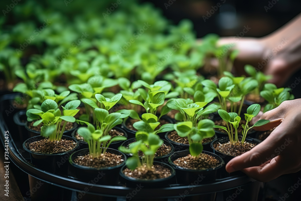 Hands holding seedlings, Modern agriculture with technology concept Hands holding seedlings, Modern agriculture with technology concept