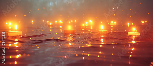 candles floating in the water with a lot of lights on them