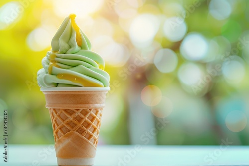Green tea ice cream advertisement, green and white ice cream cone Bokeh background, bright morning light