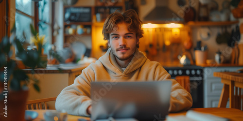 Young man using a laptop and smiling at home. A man sitting by a table working on a laptop computer in the kitchen of is house or appartment