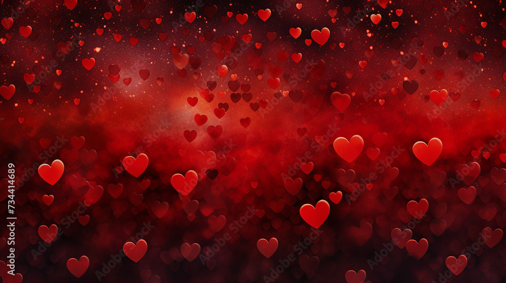 Red valentines day heart particles and sprinkles confetti for a holiday celebration on 14th february. shiny red lights. wallpaper background for ads or gifts wrap and web design and banners cards