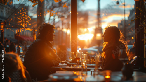 a couple of men and woman having dinner at sunset in Paris France, men and woman in a cafe in Paris with eiffel tower on background at sunset