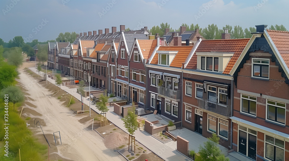Obraz premium construction site of a new Dutch Suburban area with modern family houses, newly built modern family homes in the Netherlands Construction site of local homes, Construction site of local family house