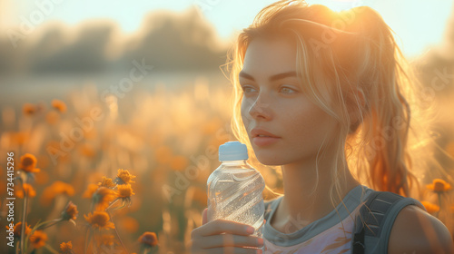 women at sunset in nature after sports run and training in nature. Workout, hiking, and walking challenge with a bottle of water, sweating girl drinking water after sport in the park