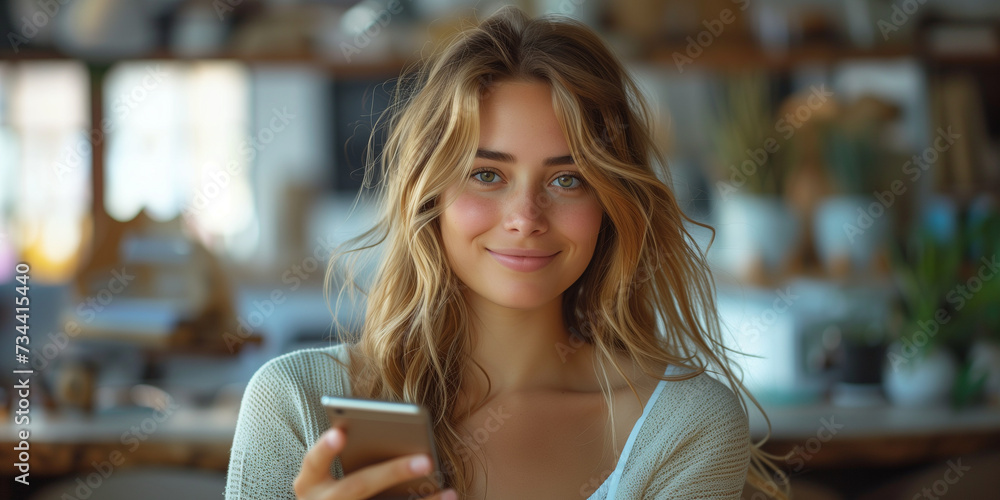 Smiling businesswoman using her phone in the office. Small business entrepreneur looking at her mobile phone and smiling Smiling businesswoman using her phone in the office. Small business entrepreneur looking at her mobile phone and smiling