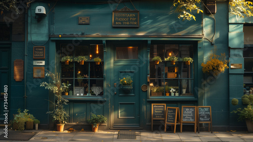 the front side of a traditional green old Pub, London UK, green pub outside in the evening, British pub photo