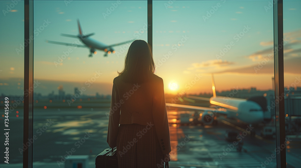  business woman with luggage at an airport window with in the background a flying airplane, silhouette of a woman by the window of a airport terminal at sunrise