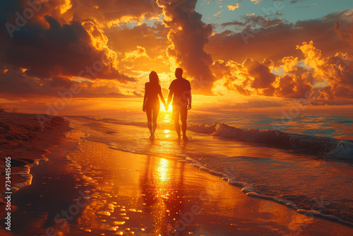 A contented couple enjoying a sunset beach walk  basking in the warm glow of the evening sky. Concept of peaceful romance. Generative Ai.