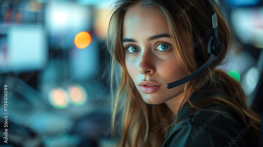 woman agent with headsets working in a call centre., close up of woman with head phones working at the help desk in the office in the evening at night woman agent with headsets working in a call centre., close up of woman with head phones working at the help desk in the office in the evening at night