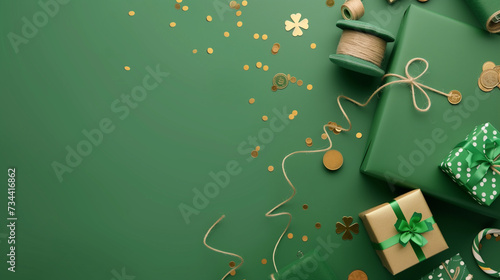 Top view photo capturing the Saint Patrick's Day concept with gift boxes and festive green decorations. photo