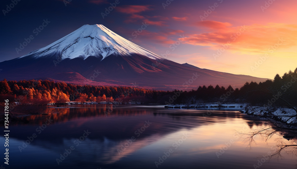 Majestic mountain peak reflects tranquil sunset in snowy landscape generated by AI Majestic mountain peak reflects tranquil sunset in snowy landscape generated by AI