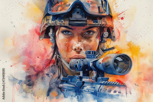 Army woman in colourful watercolor, concept: proud, independence, peace