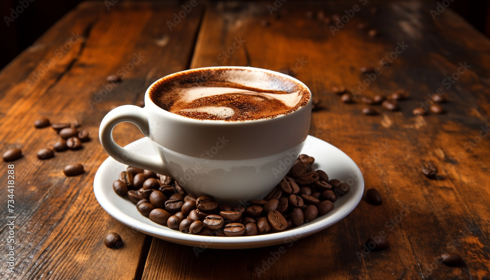 Freshly brewed coffee on a wooden table, a caffeine addiction generated by AI Freshly brewed coffee on a wooden table, a caffeine addiction generated by AI
