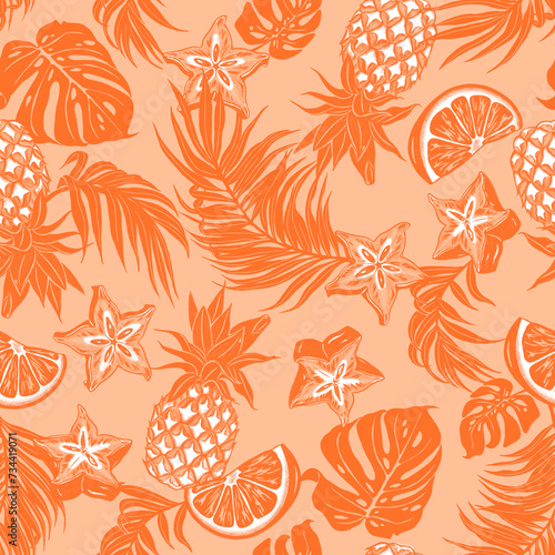 Tropical, peach fuzz, exotic fruits, summertime, pattern seamless, tropical fruits, leaves, monotone, orange, pineapple, carambola, summer (ID: 734419071)