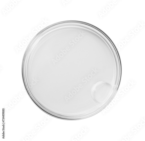 Petri dish with liquid sample isolated on white, top view