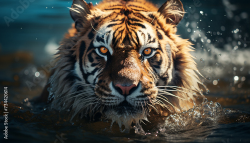 Majestic Bengal tiger, fierce hunter, staring into tranquil pond generated by AI